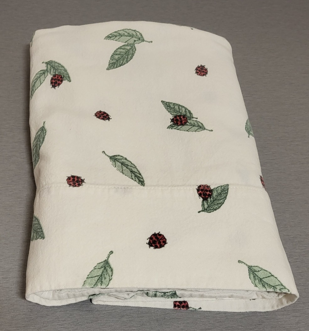 Vintage Flannel Pillowcase King Size Beige Ladybug & Leaf Print Cottagecore